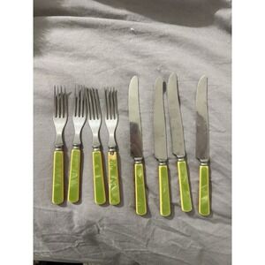 8 VTG Green Handle Bakelite Stainless Steel Cutlery Knifes Forks Flatware